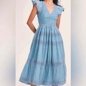 LoveShackFancy Blue Lace Trim Midi Dress - Size 4